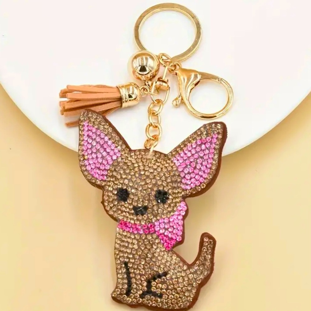 Chihuahua Dog Pink & Brown Rhinestone-Encrusted Key Chain, Bag, & Car Charm - Picture 2 of 5